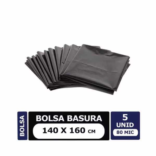 Bolsa Basura Negra Carga Pesada 140x160, 5 Unid. 80 Micrones
